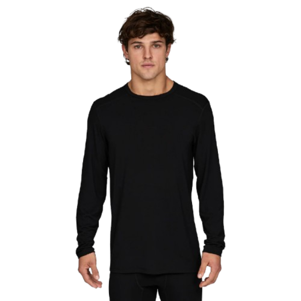 A black Le Bent Men's Core Midweight Crewneck Baselayer Top that is made from a bamboo and merino wool blend.