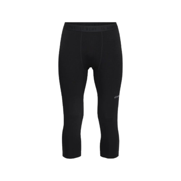 A pair of black Le Bent Men's Core Midweight 3/4 Baselayer Bottoms that are made from a bamboo and merino wool blend.
