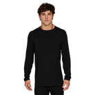 Front view of the Le Bent Men’s Midweight Baselayer Crew featuring a blend of Merino wool and Bamboo Rayon knit fabric, long sleeves with thumb loops, flatlock stitching, and an ergonomic crew neck silhouette.