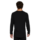 Rear view of the Le Bent Men’s Midweight Baselayer Crew featuring a blend of Merino wool and Bamboo Rayon knit fabric, long sleeves with thumb loops, flatlock stitching, and an ergonomic crew neck silhouette.