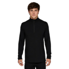 A man wearing a black Le Bent Men's Midweight 1/4 Zip baselayer top that is made from a warm bamboo and merino wool fabric blend.