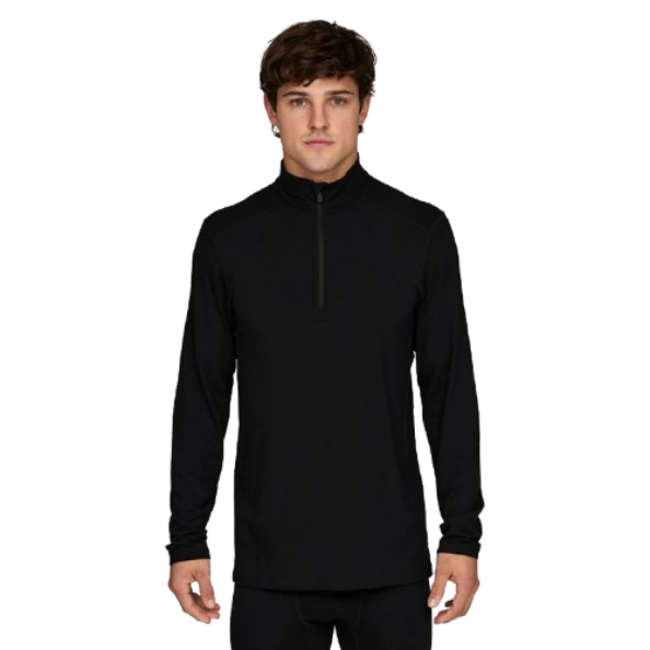 A man wearing a black Le Bent Men's Midweight 1/4 Zip baselayer top that is made from a warm bamboo and merino wool fabric blend.