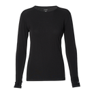 A black Le Bent Women's Core Lightweight Crewneck Baselayer Top that is made from a merino wool and bamboo blend.