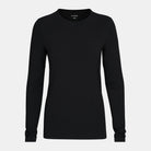 A black Le Bent Women's Core Midweight Crewneck Baselayer Top that is made from a bamboo and merino wool blend.