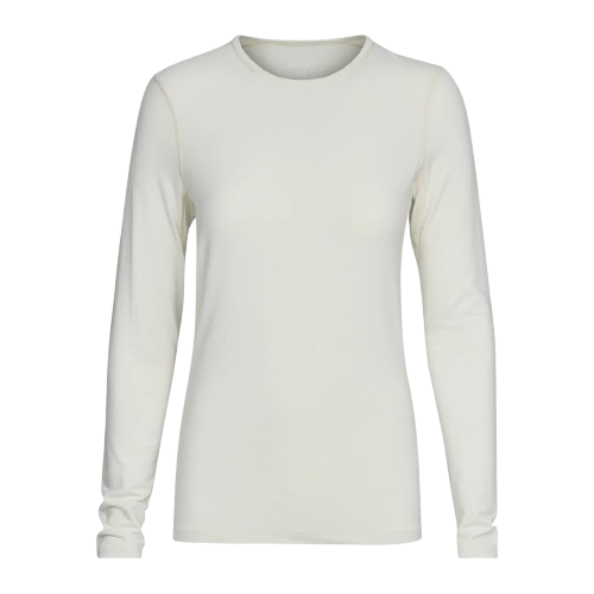 A white Le Bent Women's Core Midweight Crewneck Baselayer Top that is made from a bamboo and merino wool blend.