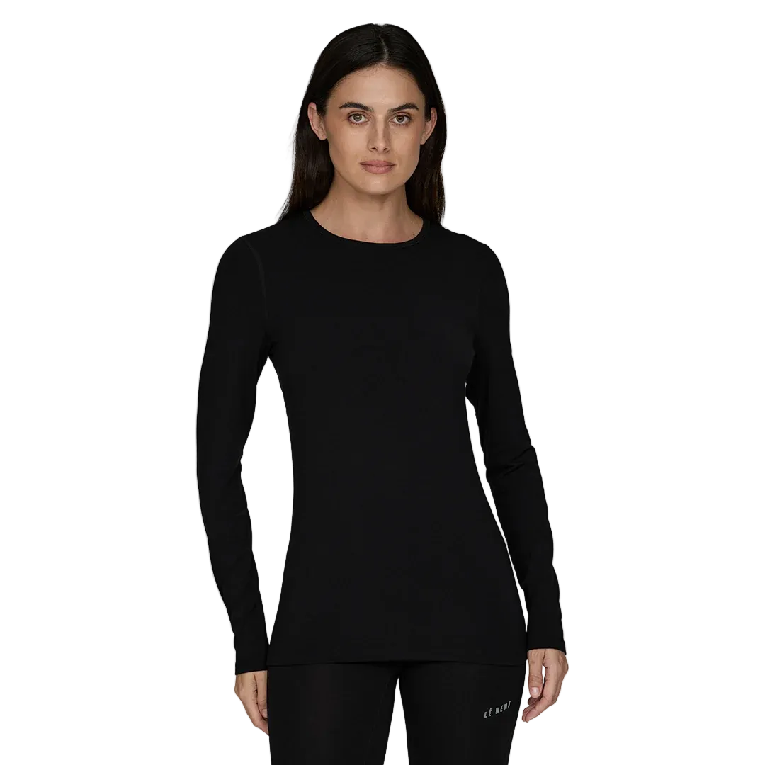 A black Le Bent Women's Core Midweight Crewneck Baselayer Top that is made from a bamboo and merino wool blend.