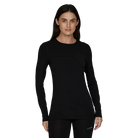 A black Le Bent Women's Core Midweight Crewneck Baselayer Top that is made from a bamboo and merino wool blend.