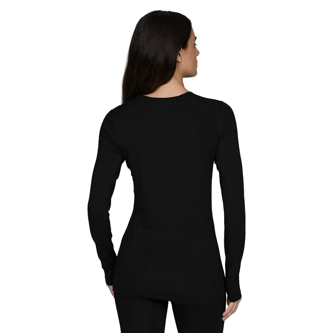 A black Le Bent Women's Core Midweight Crewneck Baselayer Top that is made from a bamboo and merino wool blend.