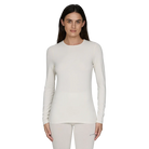 A white Le Bent Women's Core Midweight Crewneck Baselayer Top that is made from a bamboo and merino wool blend.