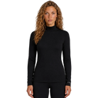 Front view of the Le Bent Women’s Midweight Mock Neck Baselayer Top featuring a bamboo-merino blend knit, fitted mock neck collar, flatlock stitching, and integrated thumb loops.