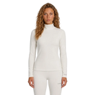 Front view of the Le Bent Women’s Midweight Mock Neck Baselayer Top featuring a bamboo-merino blend knit, fitted mock neck collar, flatlock stitching, and integrated thumb loops.