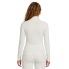 Rear view of the Le Bent Women’s Midweight Mock Neck Baselayer Top featuring a bamboo-merino blend knit, fitted mock neck collar, flatlock stitching, and integrated thumb loops.