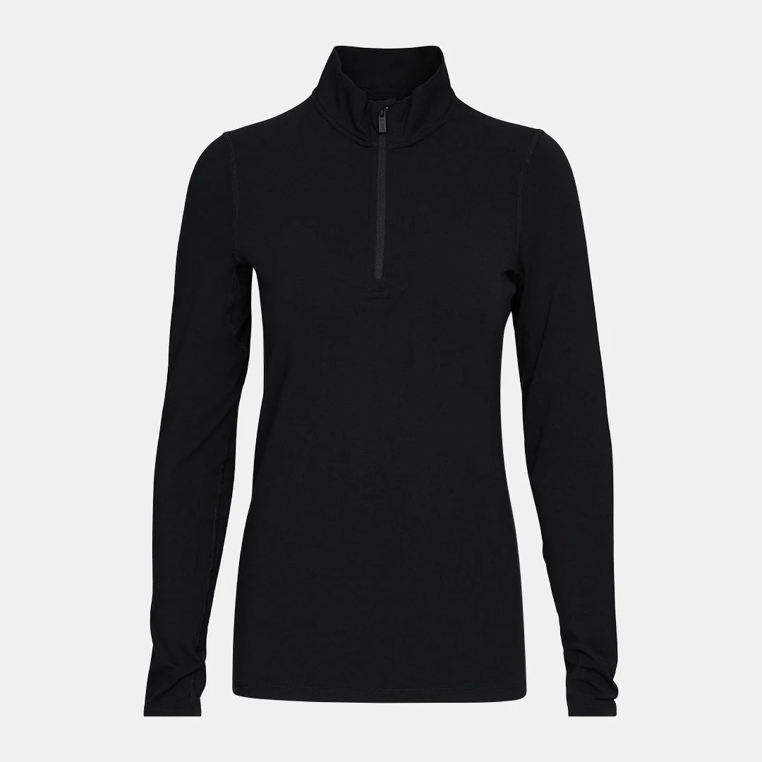 A black Le Bent Women's Midweight 1/4 Zip Turtleneck baselayer top that is made from a stretchable, breathable, premium bamboo and merino wool blend.