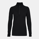 A black Le Bent Women's Midweight 1/4 Zip Turtleneck baselayer top that is made from a stretchable, breathable, premium bamboo and merino wool blend.
