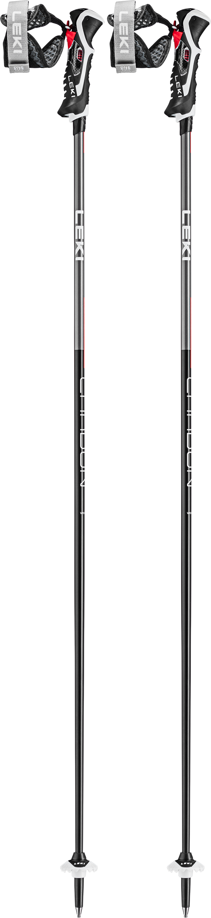 A black LEKI Carbon 14 3D ski pole with a white and red grip.