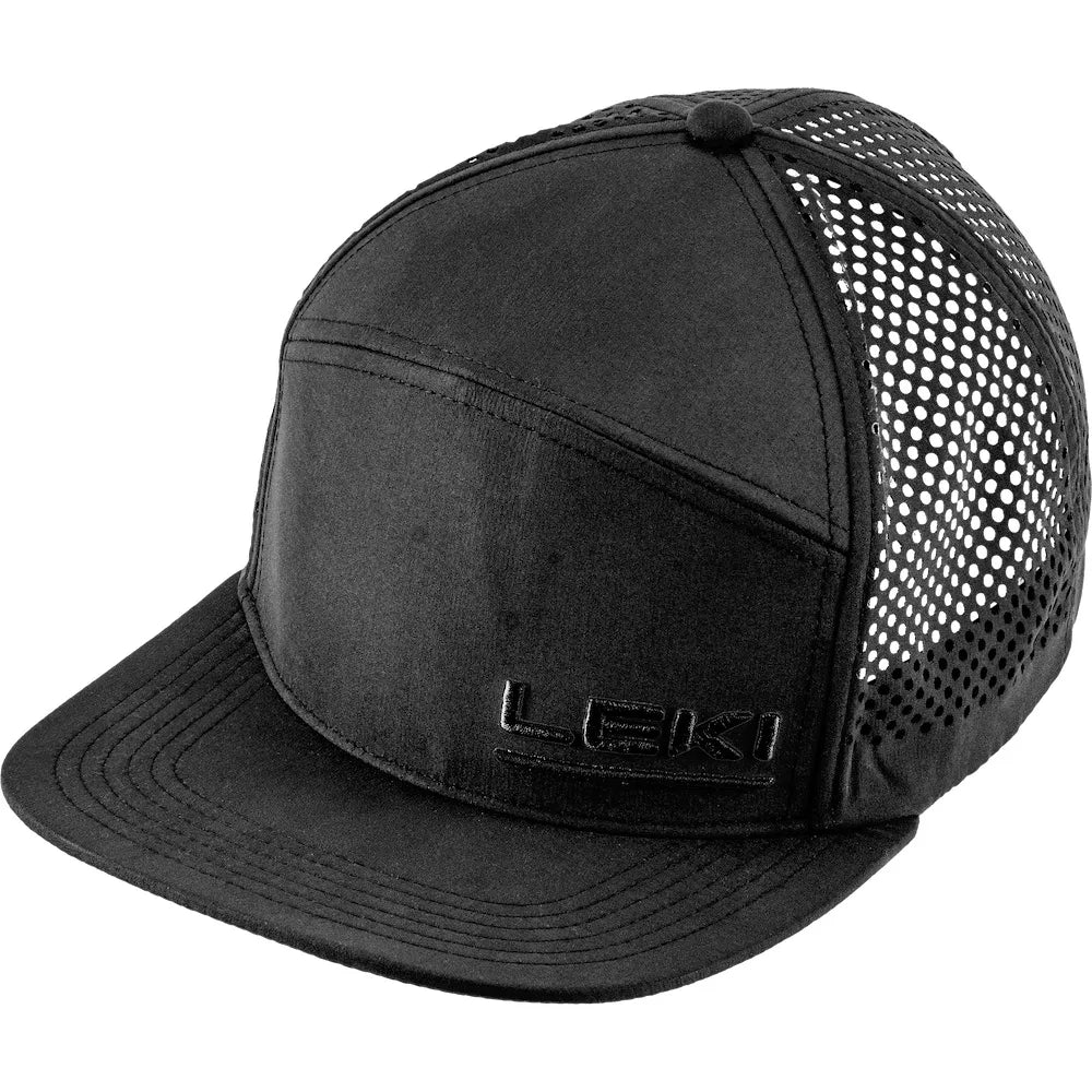 LEKI Logo Mesh Cap in black featuring breathable mesh panels, flat peak, adjustable snapback closure and LEKI logo.