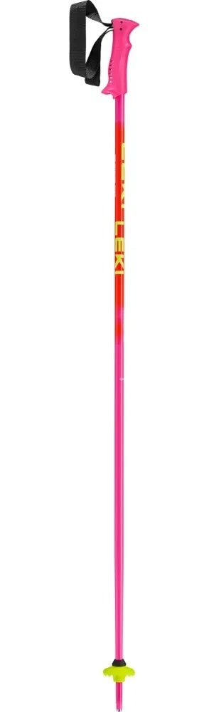 LEKI Racing Kids Poles in Pink 2027 featuring 14 mm aluminum shafts, kid-sized PAS V1 grips and World Cup-inspired graphics.