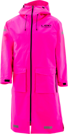 LEKI Rain Coat WCR Pro in Neon Pink, a waterproof and breathable alpine racing coat for racers, coaches and race support staff.