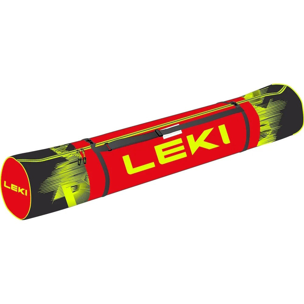 LEKI Ski Bag 185 CM 2027 in bright red, black and neon yellow with full zipper and capacity for two pairs of alpine skis.