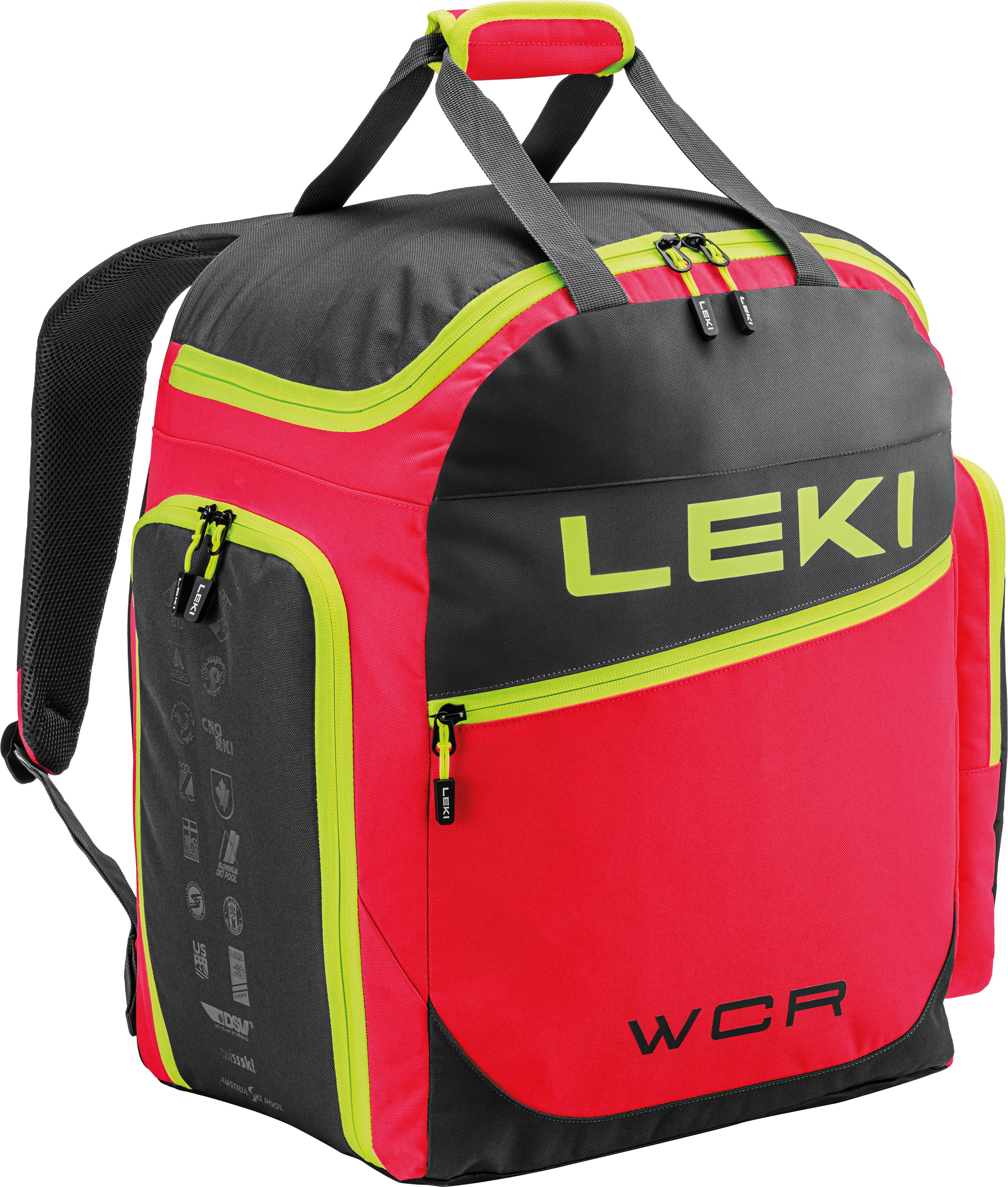 LEKI Ski Boot Bag WCR 60L Red featuring durable water-resistant construction, spacious boot storage, multiple gear compartments, and padded shoulder straps.