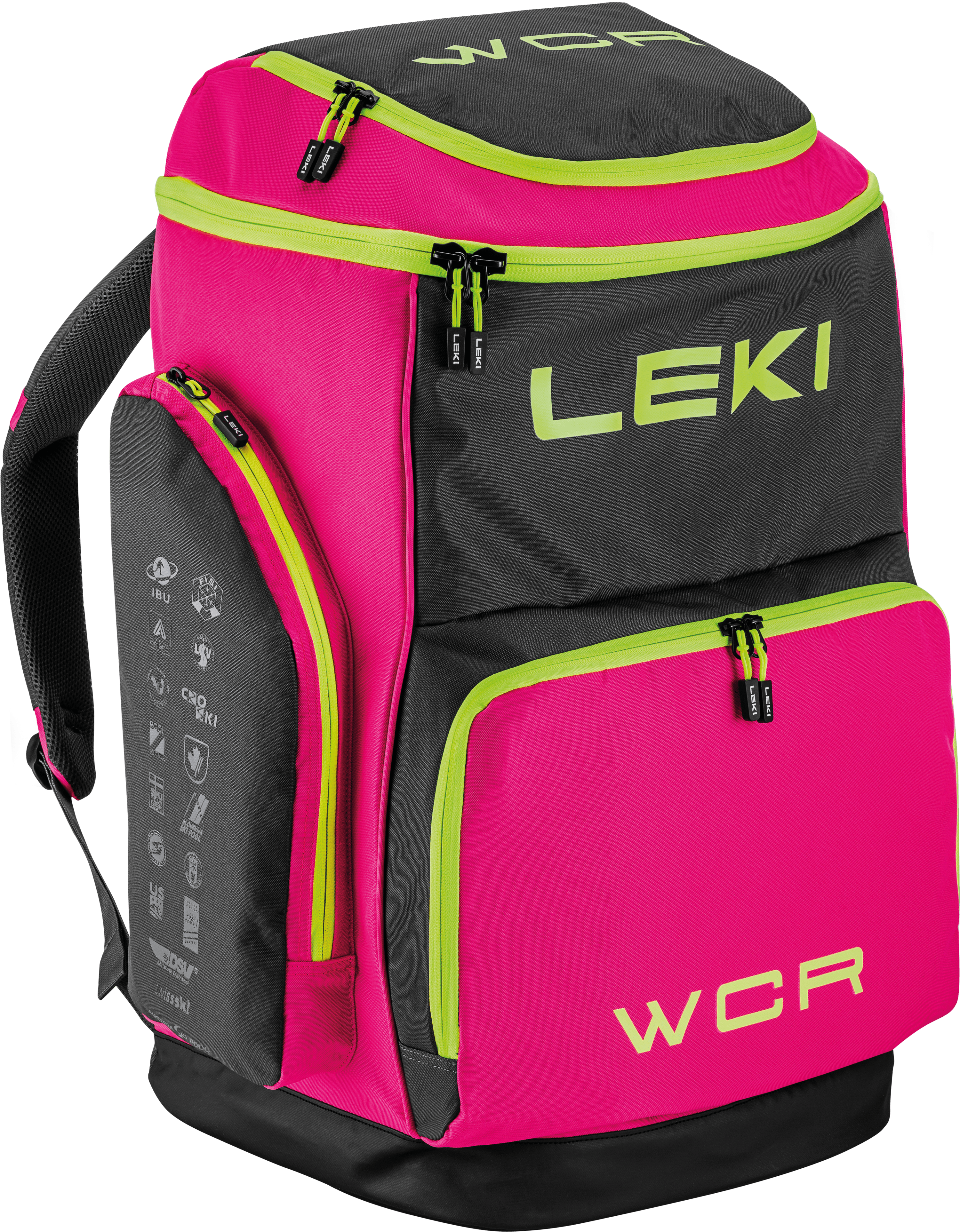 LEKI Ski Boot Bag WCR 85L Pink featuring durable water-resistant construction, 85-litre capacity, multiple storage compartments, and padded shoulder straps.