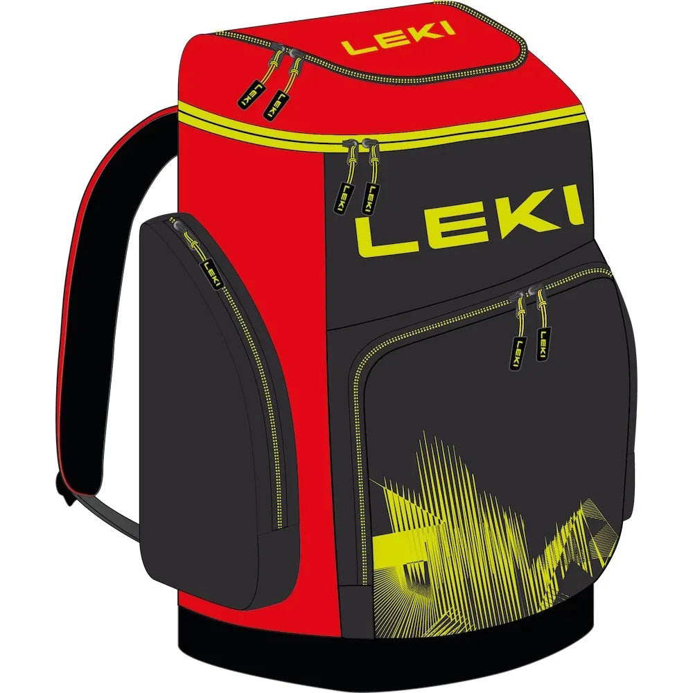 LEKI Ski Boot Bag WCR 85L in Red 2027, a large race backpack for carrying ski boots, helmet, clothing, and accessories.
