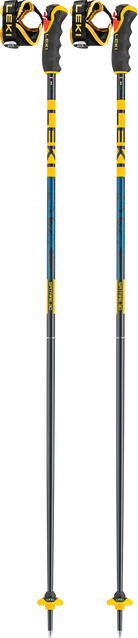 A pair of blue and yellow Leki Spitfire 3D freeride ski poles that feature powder baskets.