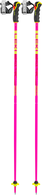 A pair of LEKI SPITFIRE 3D ski poles in the colors magenta and yellow.