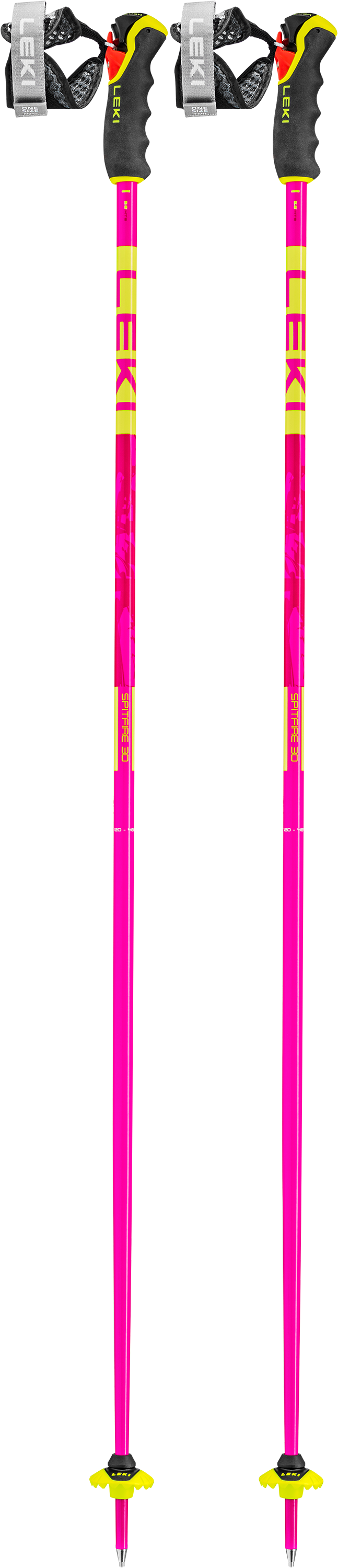 A pair of LEKI SPITFIRE 3D ski poles in the colors magenta and yellow.
