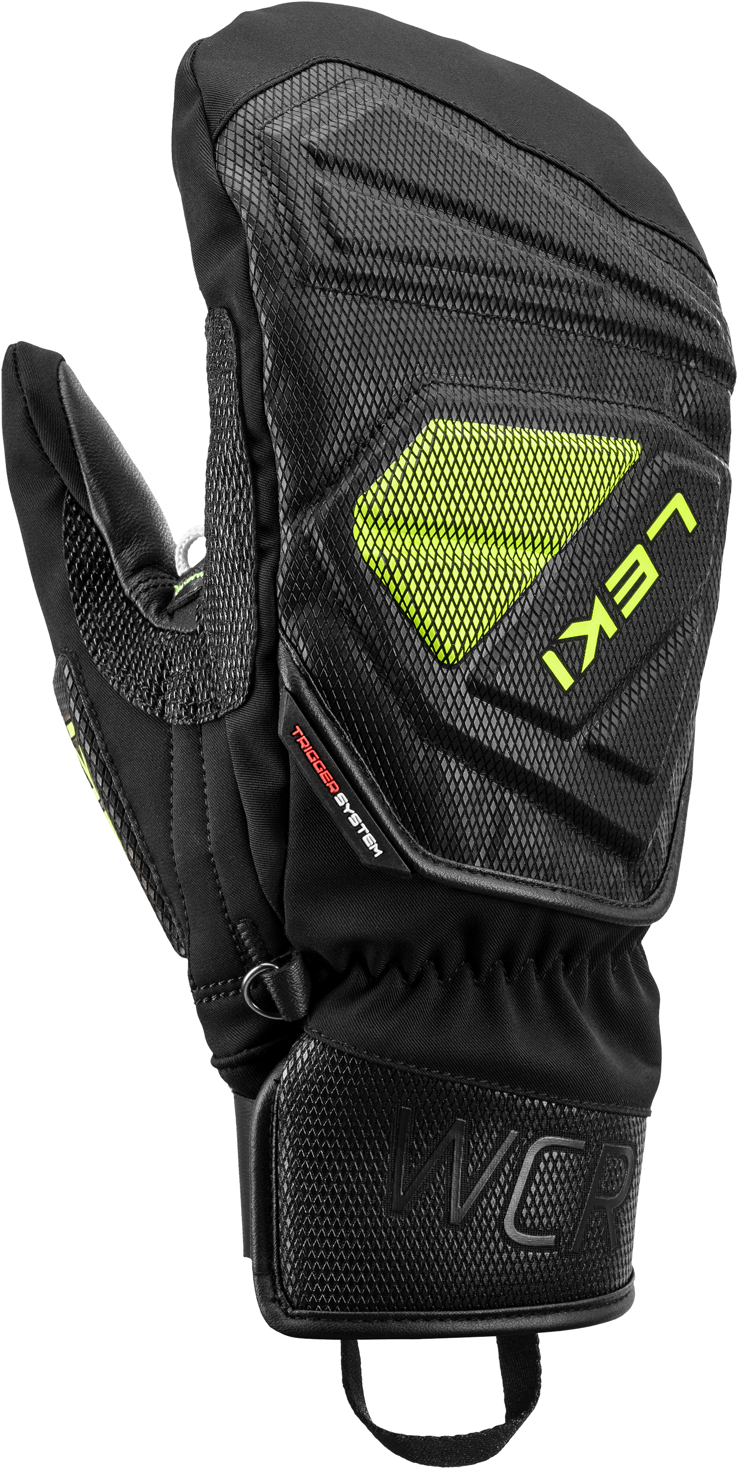 LEKI WCR C-Tech 3D Mitt featuring Trigger 3D technology, waterproof SOFT-TEX® membrane, premium goatskin leather palm, C-Tech protection, and race-ready performance.
