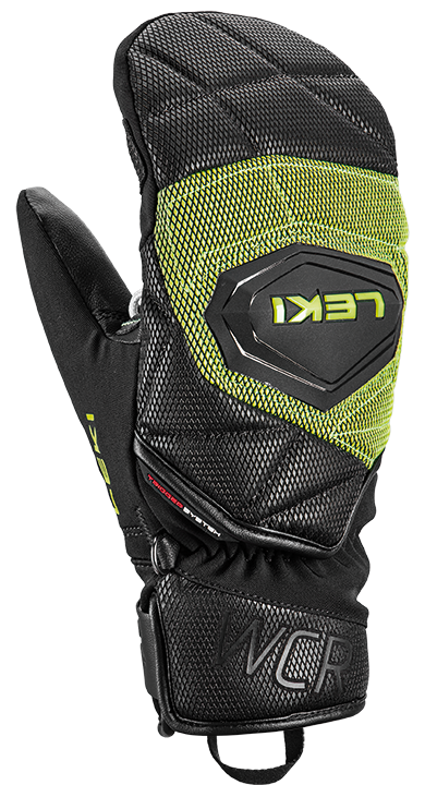 LEKI WCR Coach 3D JR Mitt featuring Trigger 3D technology, waterproof SOFT-TEX® membrane, Thinsulate™ insulation, goatskin leather palm, and junior race protection.