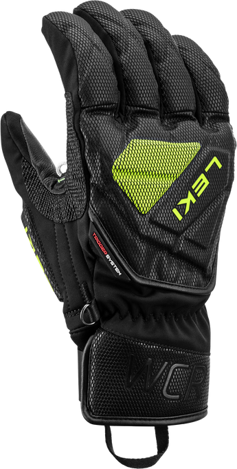 LEKI WCR Coach 3D Glove featuring Trigger 3D technology, waterproof SOFT-TEX® membrane, Thinsulate™ insulation, premium goatskin leather palm, and race-ready protection.