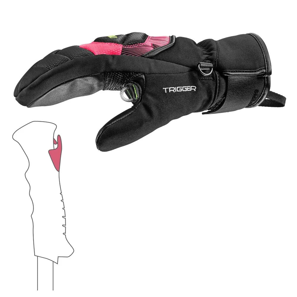 LEKI WCR Core TR JR Race Mitt in Pink and Black featuring warm mitt construction and race-focused protection for junior alpine ski racers.