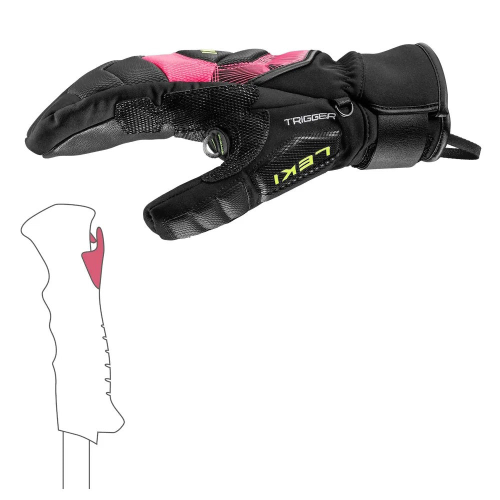 LEKI WCR Core TR Race Mitt in Pink and Black featuring warm mitt construction and race-focused protection for alpine ski racing.