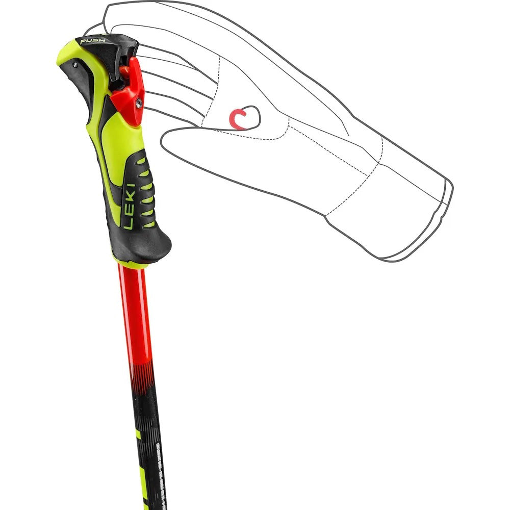 LEKI WCR Evo Lite SL TR Race Poles in Red featuring lightweight aluminum shafts and Trigger S grips for junior slalom racing.