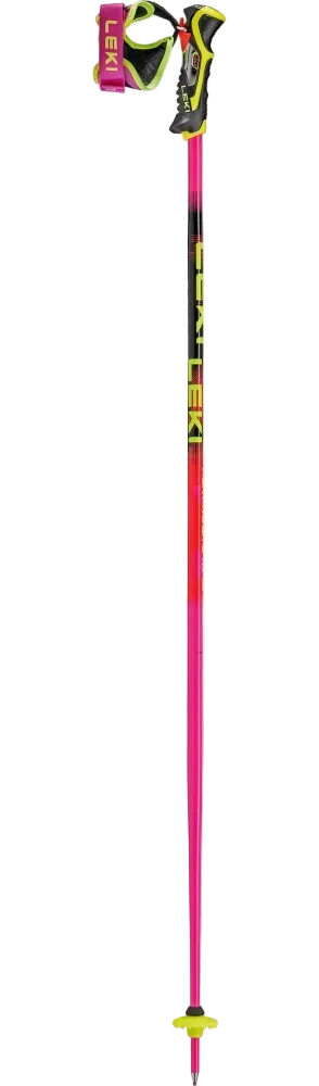 Pair of Leki WCR Pro Lite SL TR Race Poles featuring 16 mm HTS 6.5 aluminum Airfoil shafts, slalom bend geometry, Trigger 3D SL grips, and carbide punch tips.