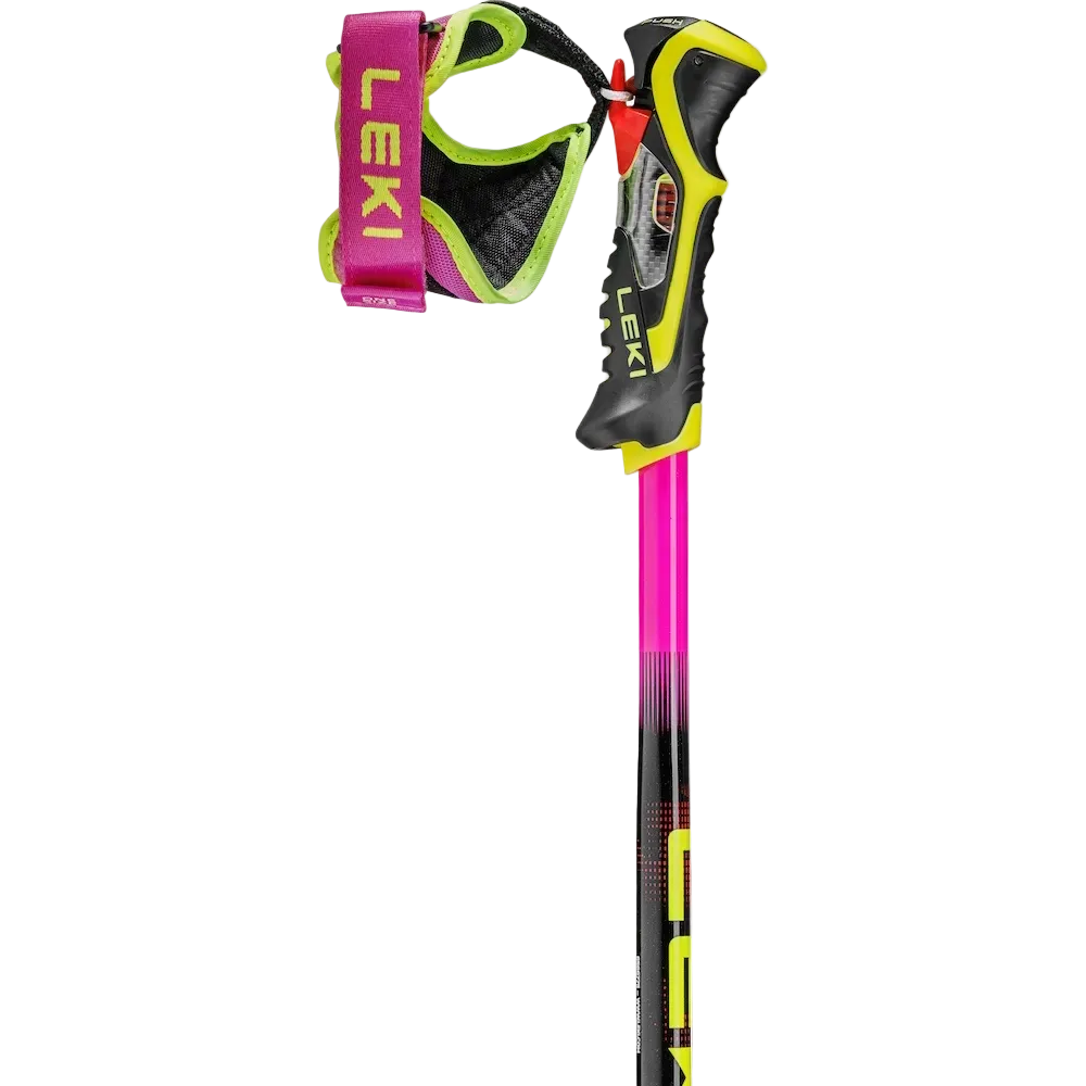 Pair of Leki WCR Pro Lite SL TR Race Poles featuring 16 mm HTS 6.5 aluminum Airfoil shafts, slalom bend geometry, Trigger 3D SL grips, and carbide punch tips.