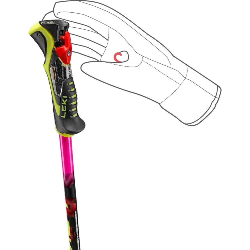 Pair of Leki WCR Pro Lite SL TR Race Poles featuring 16 mm HTS 6.5 aluminum Airfoil shafts, slalom bend geometry, Trigger 3D SL grips, and carbide punch tips.