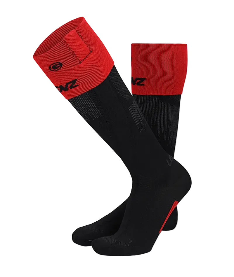 Pair of Lenz 7.1 Toe Cap Heated Socks featuring ultra-thin race-knit construction, integrated top and bottom toe heating elements, and top-cuff press studs for lithium battery attachment.