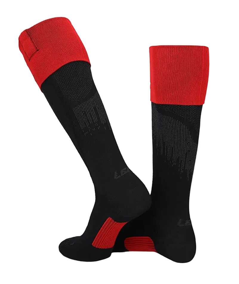 Pair of Lenz 7.1 Toe Cap Heated Socks featuring ultra-thin race-knit construction, integrated top and bottom toe heating elements, and top-cuff press studs for lithium battery attachment.