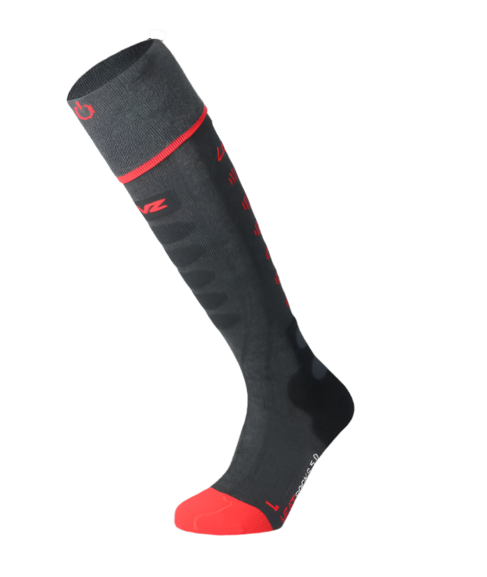 A black and red Lenz Heat Sock 5.1 Regular Fit that features an advanced heating system.