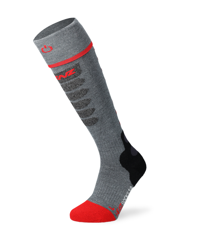 A grey and red Lenz Heat Sock 5.1 Slim Fit that features an advanced heating element in the toe cap.
