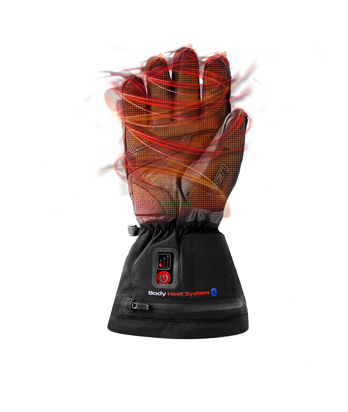 A black Lenz Men's Heat Glove 6.0 Finger Cap that feature heating elements throughout the hands, batteries not included.