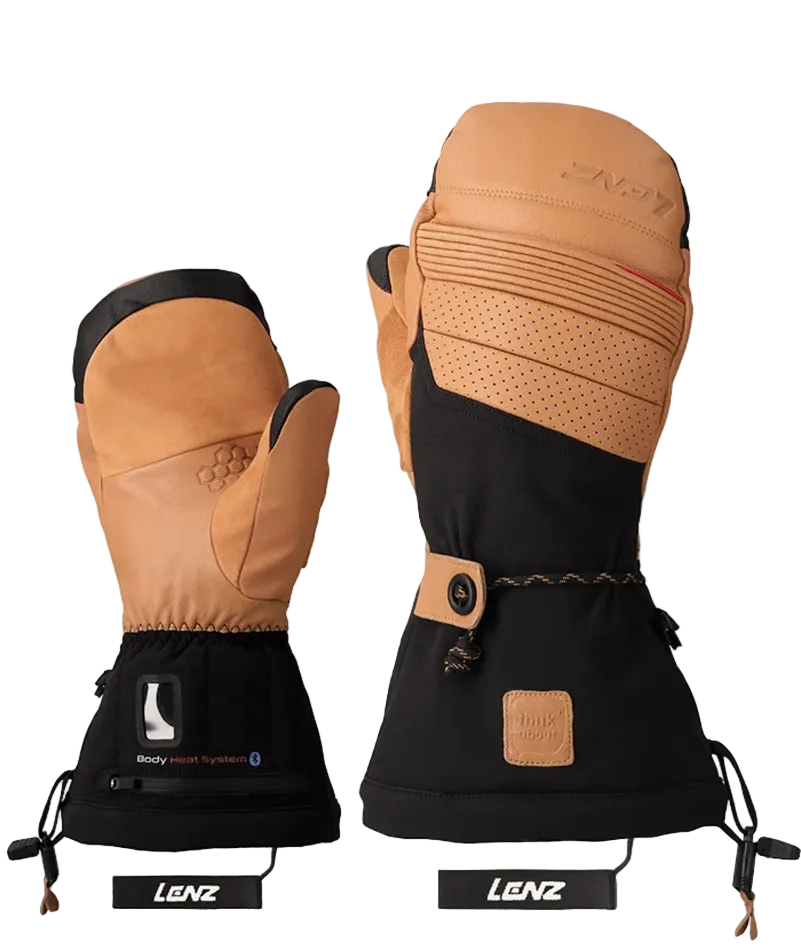 Pair of Lenz Men’s Heated Mittens 9.0 featuring goat leather construction, integrated finger heating elements, inner wrist battery pockets, and single-pull drawcord cuffs.