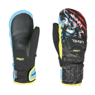 Pair of Level JR Race CF Mittens featuring waterproof goat leather construction, SuperFabric armor and knuckle impact protection pads, silicone palm grip, and adjustable wrist cuffs.