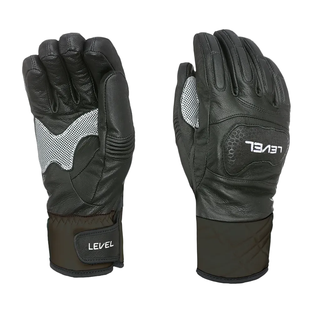 Pair of Level Race Gloves featuring premium waterproof goat leather construction, padded knuckle and finger impact protection, silicone palm grip, and adjustable neoprene wrist cuffs.