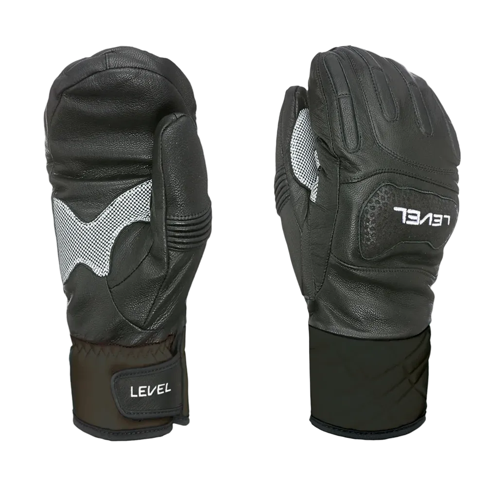 Pair of Level Race Mittens featuring premium waterproof goat leather construction, padded knuckle and backhand impact protection, silicone palm grip, and adjustable neoprene wrist cuffs.