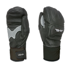 Pair of Level Race Mittens featuring premium waterproof goat leather construction, padded knuckle and backhand impact protection, silicone palm grip, and adjustable neoprene wrist cuffs.