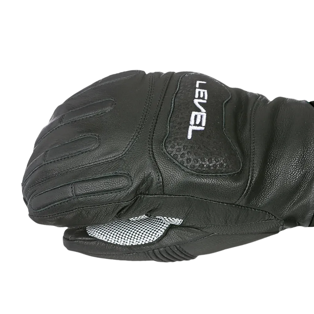 A Level Race Mitten featuring premium waterproof goat leather construction, padded knuckle and backhand impact protection, silicone palm grip, and adjustable neoprene wrist cuffs.