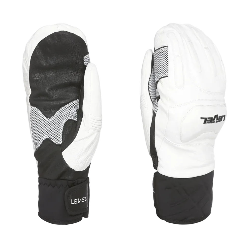 A Level Race Mitten featuring premium waterproof goat leather construction, padded knuckle and backhand impact protection, silicone palm grip, and adjustable neoprene wrist cuffs.